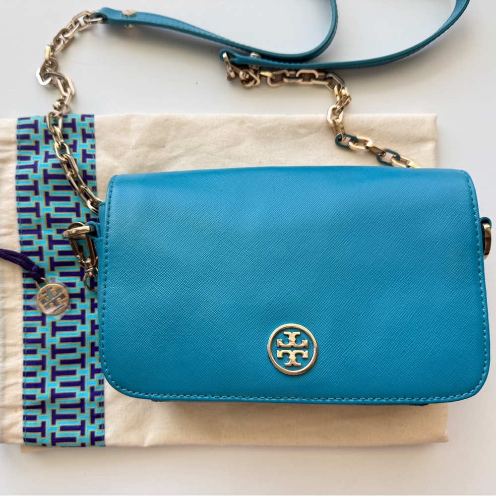 Tory Burch Aqua Blue Saffiano Leather Chain Flap Crossbody | Gold Hardware